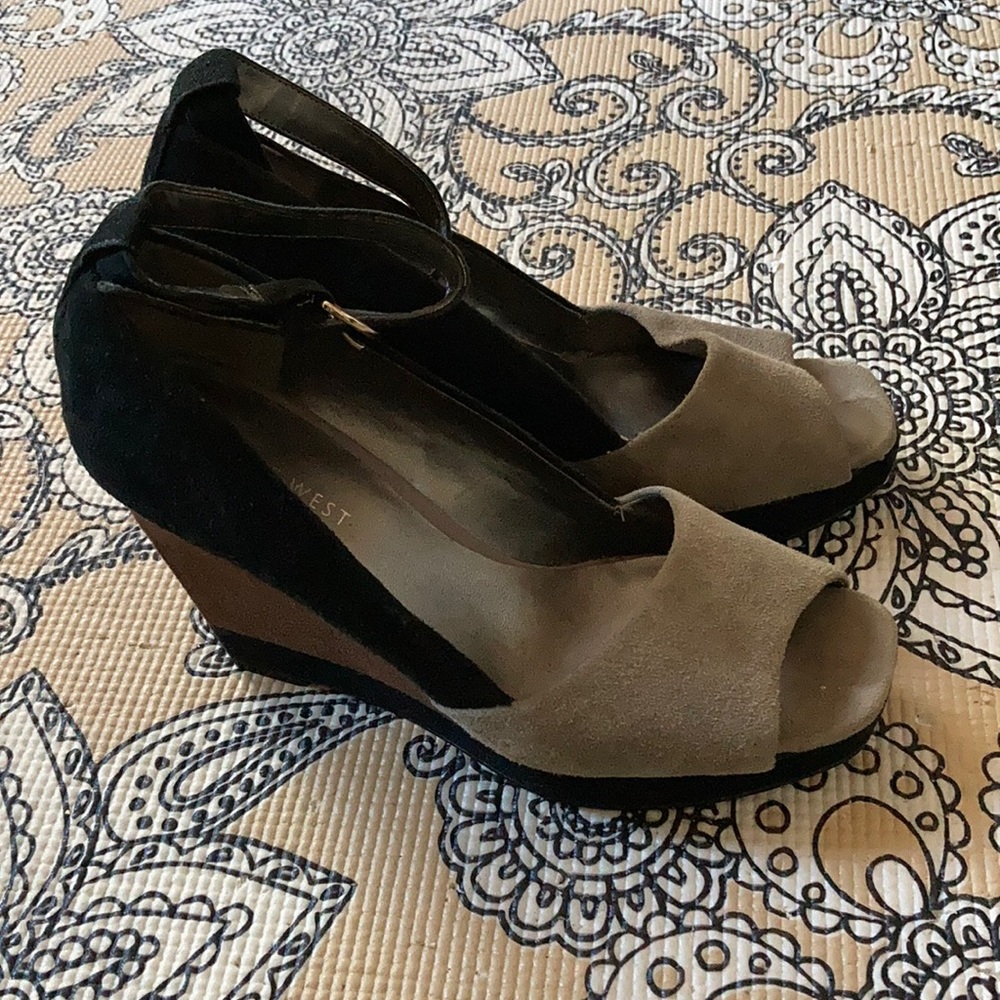 Nine West color block ankle strap wedges